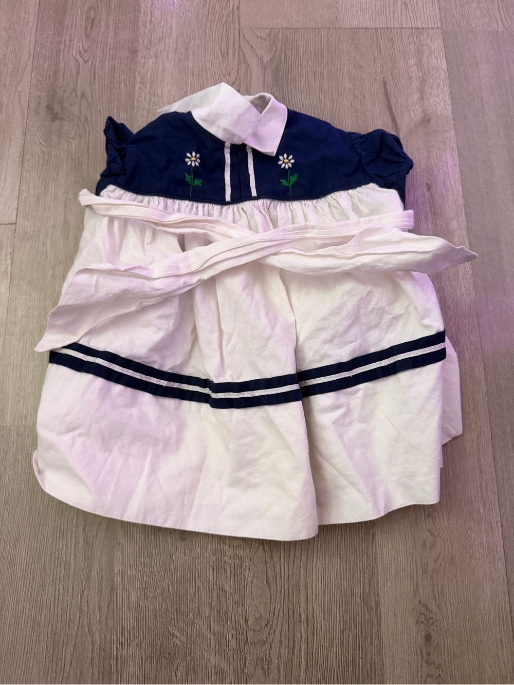 Vintage Navy and White Kids Dress with Floral Embroidery